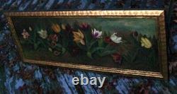 Antique Victorian Floral Yard Long Stillife Oil Painting Of Tulips O/c Framed