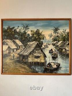Antique Vietnamese Landscape Figurative Village Oil Painting Old Modern Asian 60
