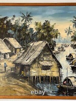 Antique Vietnamese Landscape Figurative Village Oil Painting Old Modern Asian 60