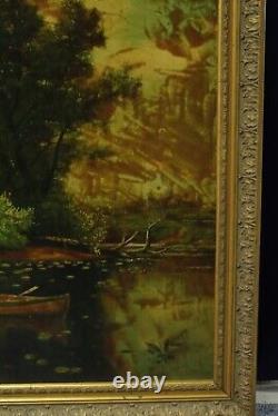 Antique Vintage Landscape Painting Oil on Canvas Signed Framed ART 48x38 Large