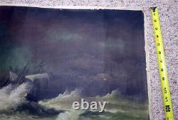 Antique Vintage Seascape Painting Ship in Stormy Seas