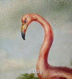 Antique Vtg Oil Painting Portrait Pink Flamingo Bird in a Landscape Signed O/C