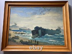 Antique War Battle Painting American Military Beach Coastal Landscape Soldiers