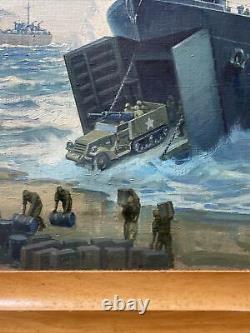 Antique War Battle Painting American Military Beach Coastal Landscape Soldiers