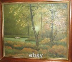 Antique impressionist oil painting forest river landscape