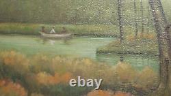 Antique impressionist oil painting forest river landscape