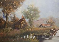 Antique impressionist oil painting village river landscape