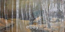 Antique large impressionist oil painting winter river landscape