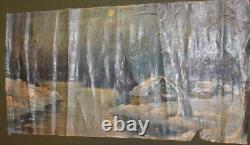 Antique large impressionist oil painting winter river landscape