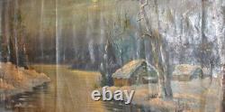 Antique large impressionist oil painting winter river landscape