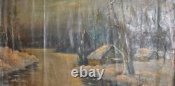 Antique large impressionist oil painting winter river landscape