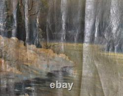 Antique large impressionist oil painting winter river landscape