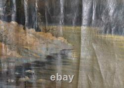 Antique large impressionist oil painting winter river landscape