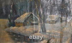 Antique large impressionist oil painting winter river landscape