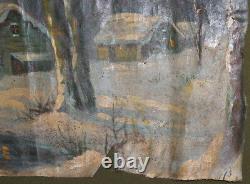 Antique large impressionist oil painting winter river landscape