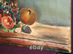 Antique large impressionist still life with fruits oil painting signed