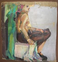 Antique large oil painting canvas sitting woman portrait