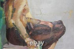 Antique large oil painting canvas sitting woman portrait