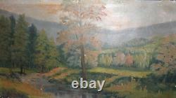 Antique large oil painting forest river landscape