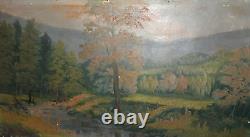 Antique large oil painting forest river landscape