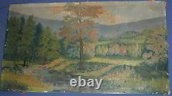 Antique large oil painting forest river landscape