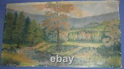 Antique large oil painting forest river landscape