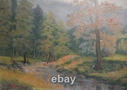 Antique large oil painting forest river landscape