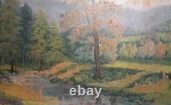 Antique large oil painting forest river landscape