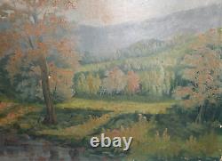 Antique large oil painting forest river landscape