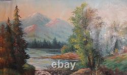 Antique large oil painting mountain river landscape