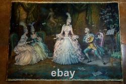 Antique large oil painting music salon palace courting. UNSTRETCHED CANVAS. READ