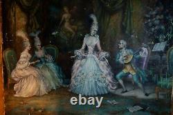 Antique large oil painting music salon palace courting. UNSTRETCHED CANVAS. READ