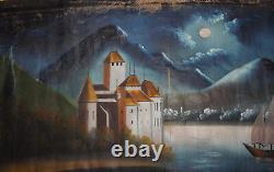 Antique large oil painting night landscape lake castle