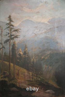 Antique large realist oil painting forest landscape