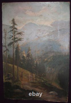 Antique large realist oil painting forest landscape