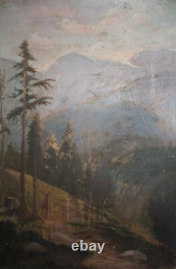 Antique large realist oil painting forest landscape