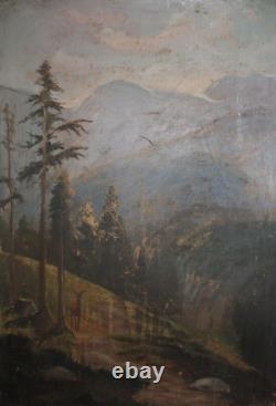 Antique large realist oil painting forest landscape