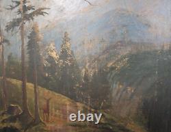 Antique large realist oil painting forest landscape