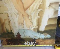 Antique oil painting Pan playing flute, oil painted on wood unsigned 36x18