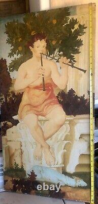 Antique oil painting Pan playing flute, oil painted on wood unsigned 36x18