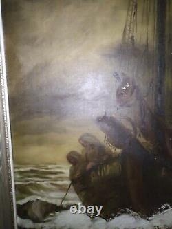 Antique oil painting. Sailors in the storm. Dutch or BelgianSigned. 1929. Large