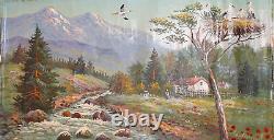 Antique oil painting forest river spring landscape signed