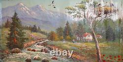 Antique oil painting forest river spring landscape signed