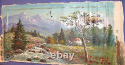 Antique oil painting forest river spring landscape signed