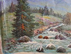 Antique oil painting forest river spring landscape signed