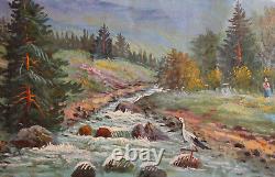 Antique oil painting forest river spring landscape signed