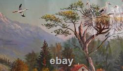 Antique oil painting forest river spring landscape signed