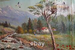 Antique oil painting forest river spring landscape signed