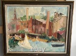 Antique oil painting impressionist The Harbor on Canvas & framed