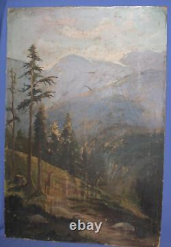 Antique oil painting mountain landscape